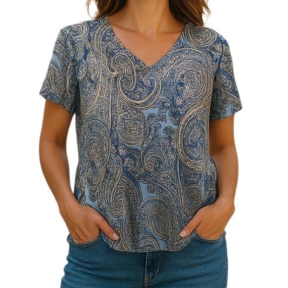 Tommy Hilfiger V-Neck Paisley Print Blue and Brown Women's Top - Picture 1 of 7